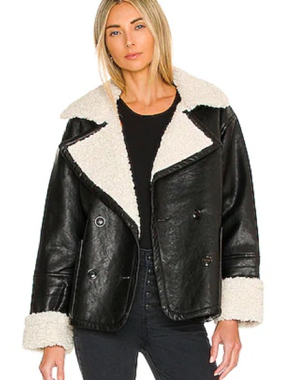 Free People Black Faux Leather Jacket with Cream Sherpa Trim